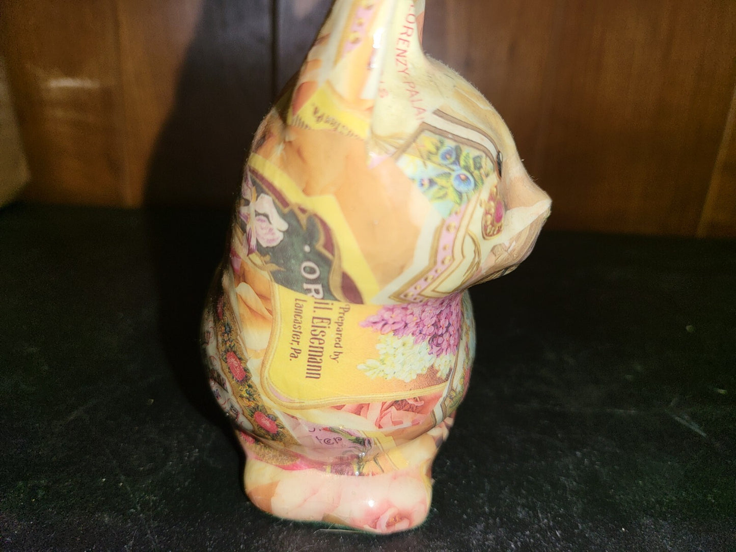 Figurine Ceramic Cat Paper French Perfume Patchwork Pattern Made in Canada C3011