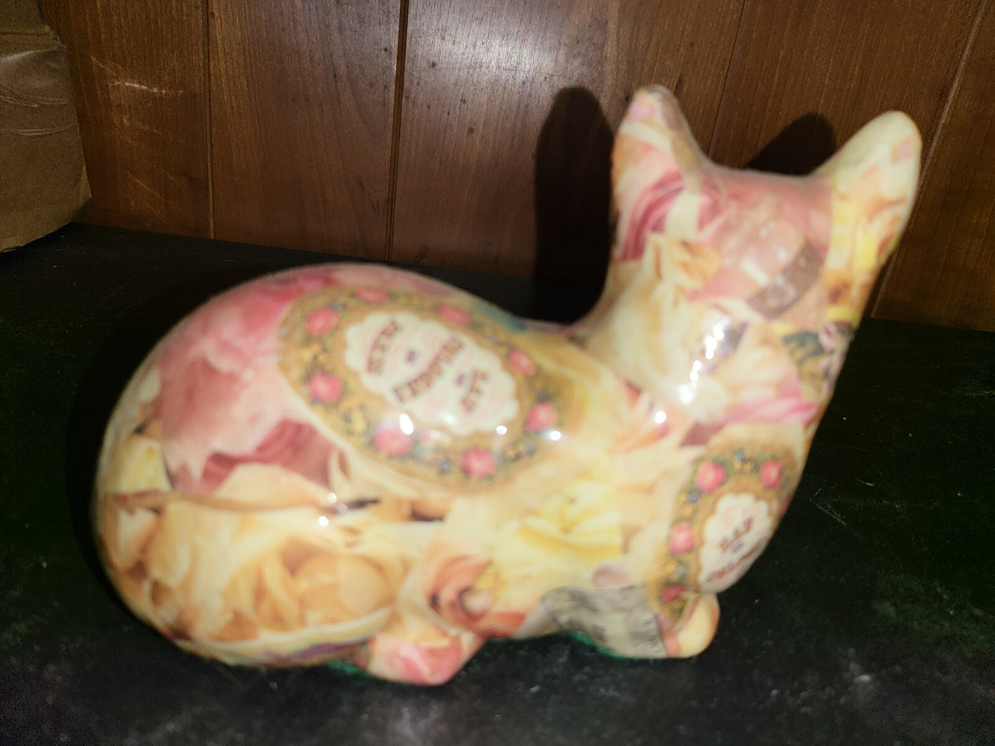 Figurine Ceramic Cat Paper French Perfume Patchwork Pattern Made in Canada C3011