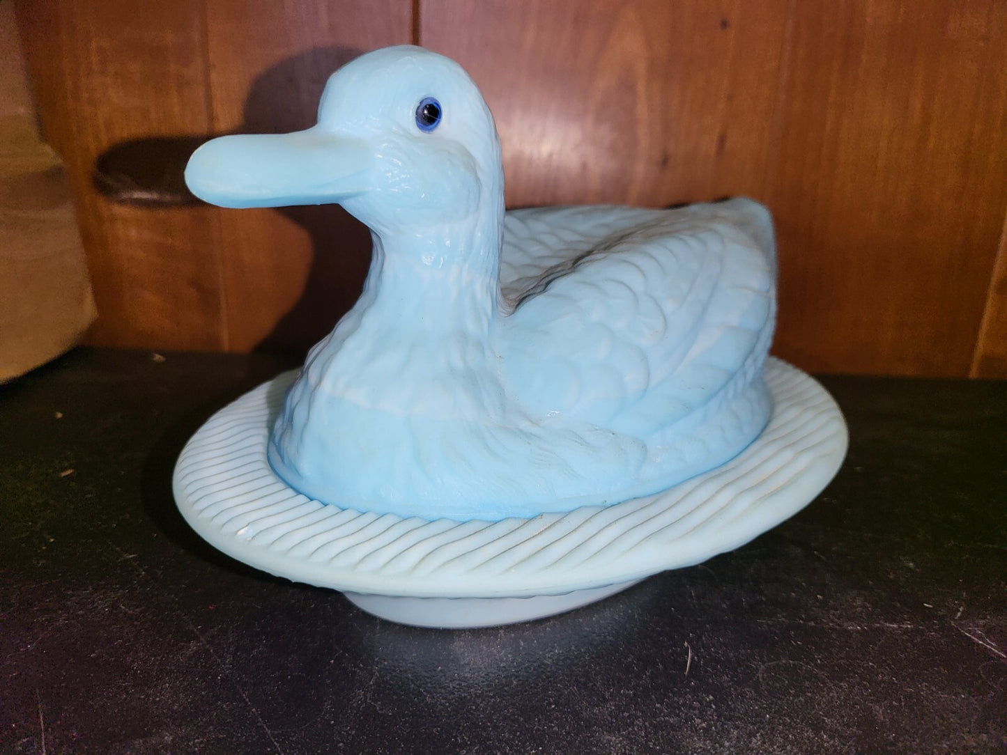 Figurine Duck Hen on Nest Blue Milk Glass 5H x 8.5"W tiny chip C3014