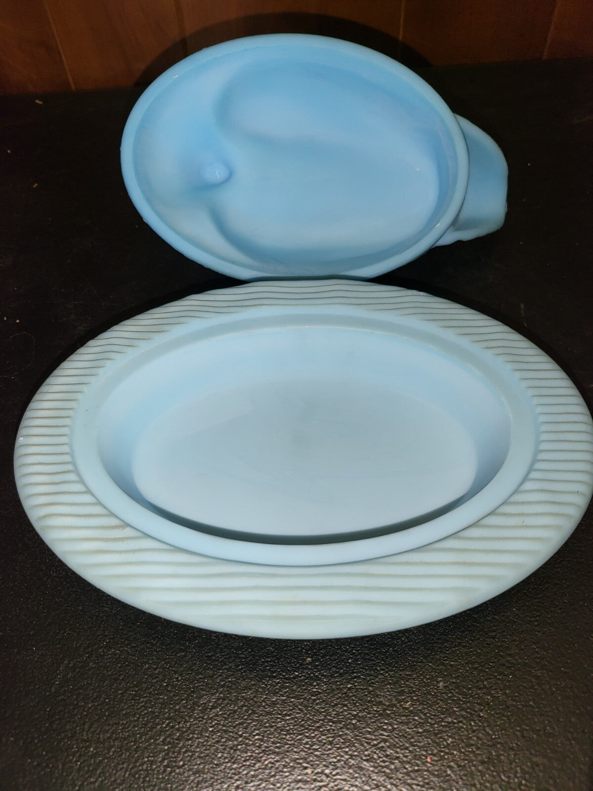 Figurine Duck Hen on Nest Blue Milk Glass 5H x 8.5"W tiny chip C3014