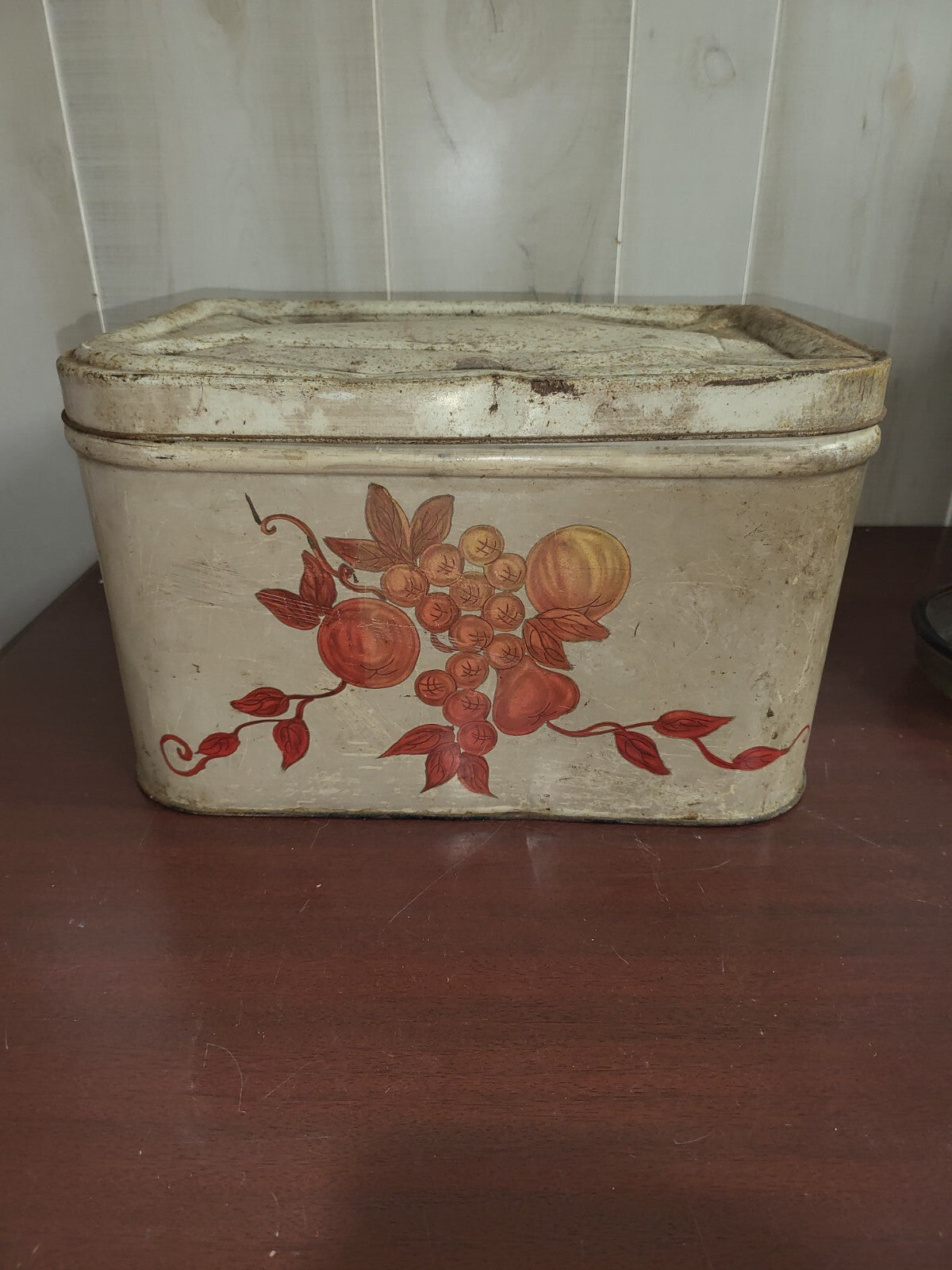 Vintage Metal Tin Bread Box Hinged Lid Fruit Image 8H x 13W x 10"D