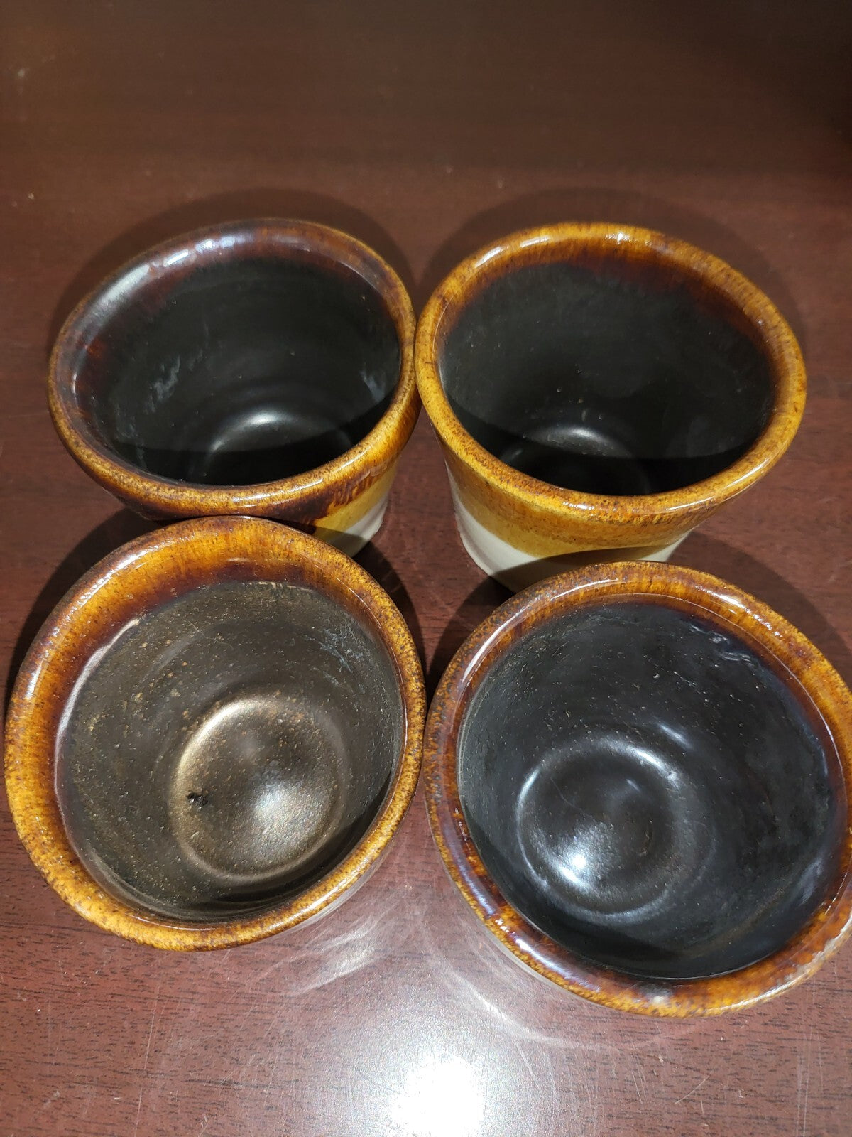 4 Brown Drip Bowls ~ 2 x 3" each unmarked Imperfect Round Looks New
