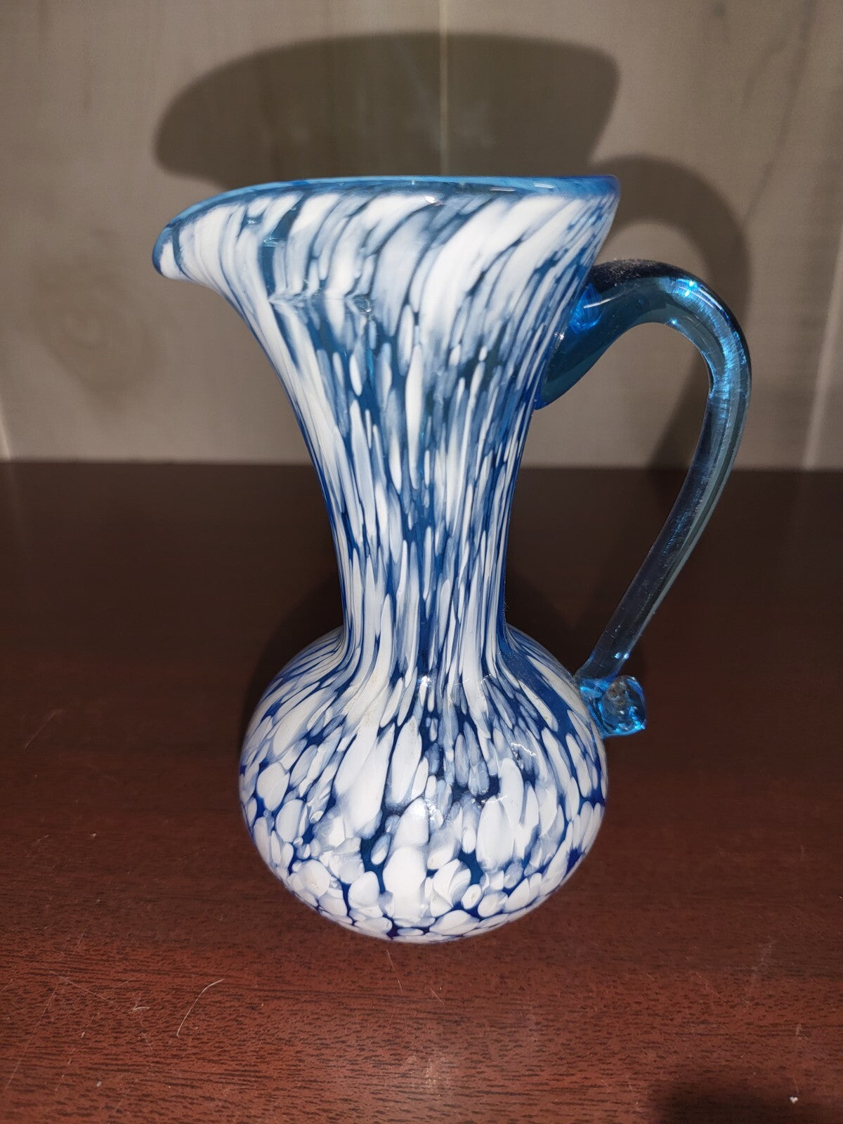 Fenton Blue Glass White Paint Swirl Pitcher / Vase 5H x 3"W #3075