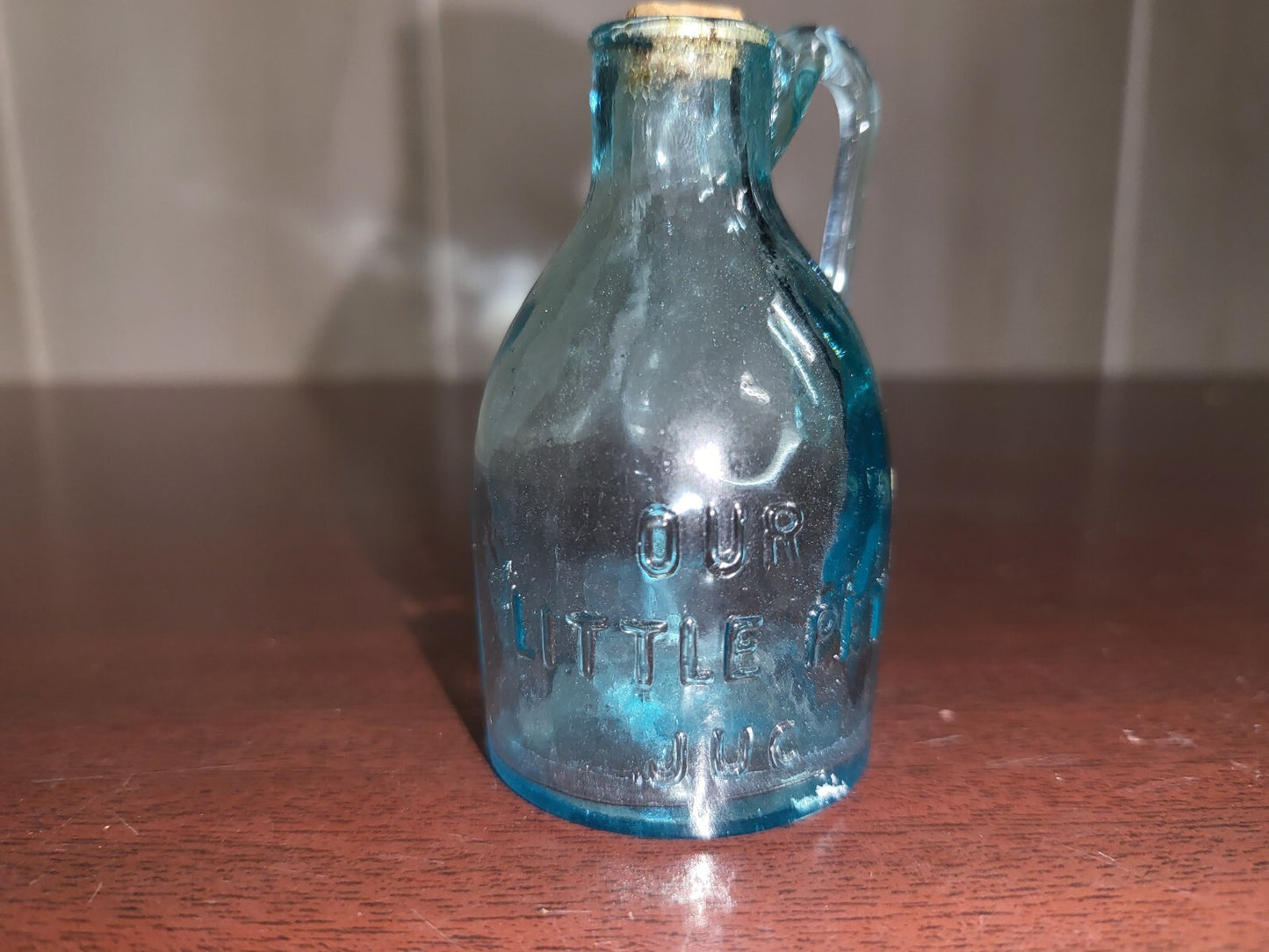 OUR LITTLE PET JUG 3" Blue Glass Pitcher with Handle & Cork #4123