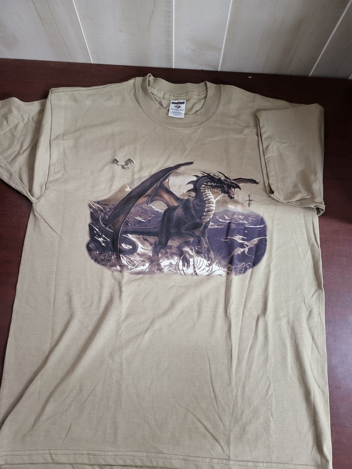 Adult Novelty T-Shirt Dragons LARGE Tan Short Sleeve Crew Neck Jerzees Heavywei