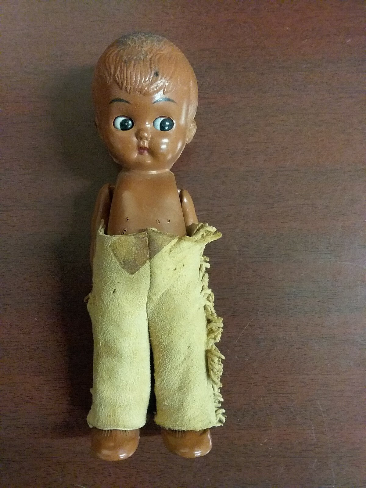 Vintage Ethnic Native American Doll Moveable Shoulders Leather Pants 6"H UNdated
