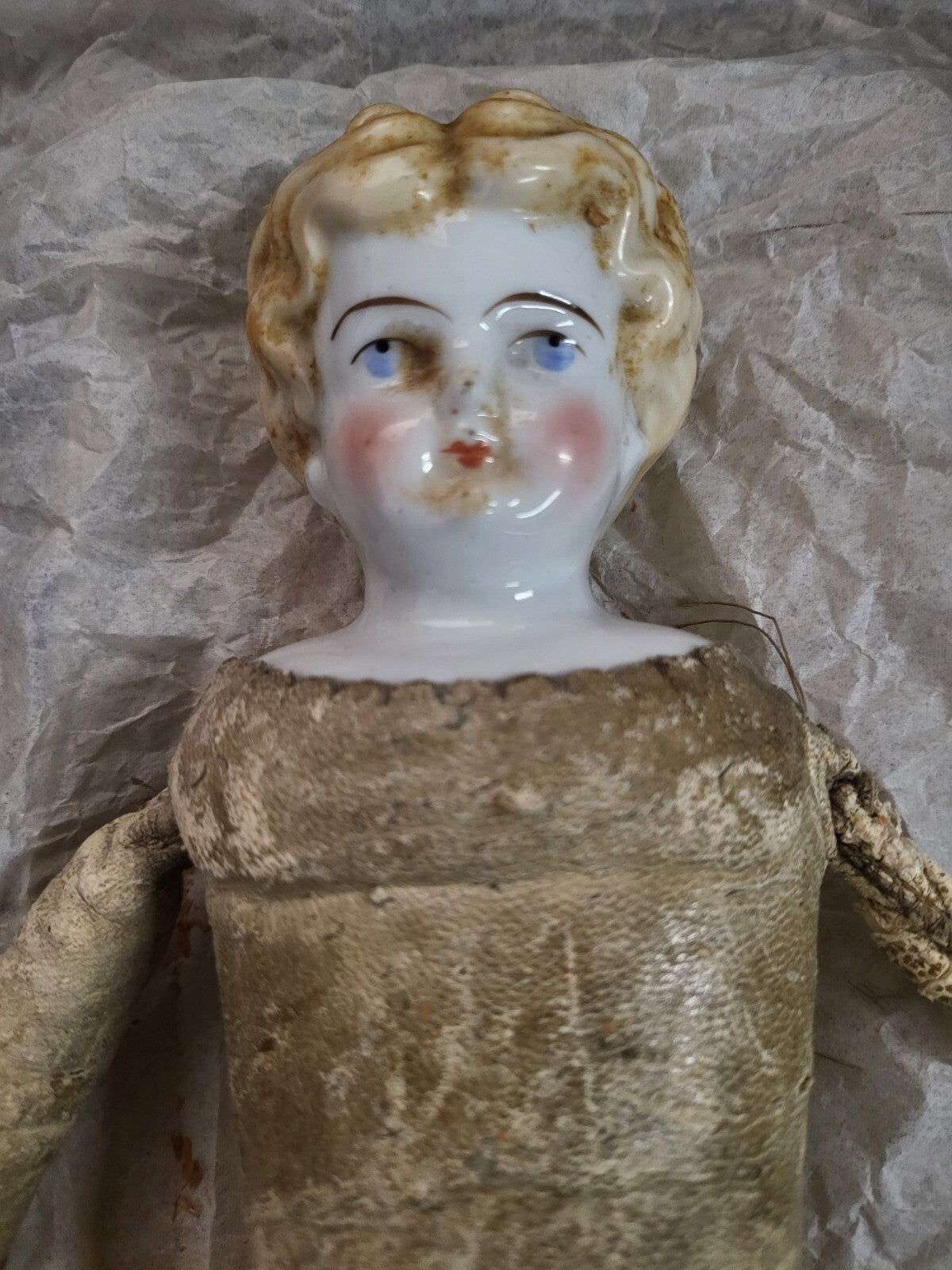 Antique German Parian Doll Blue Eyes, Needs Love ~13"H Porcelain Head Leather