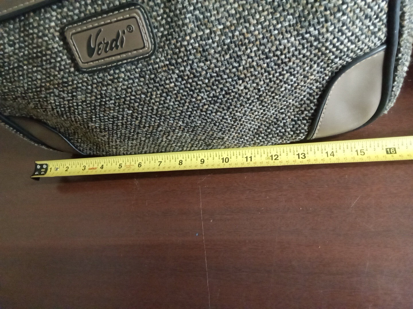 Verdi Vintage Tweed Leather Trim with Pockets Travel Bag Shoulder Brown Grey