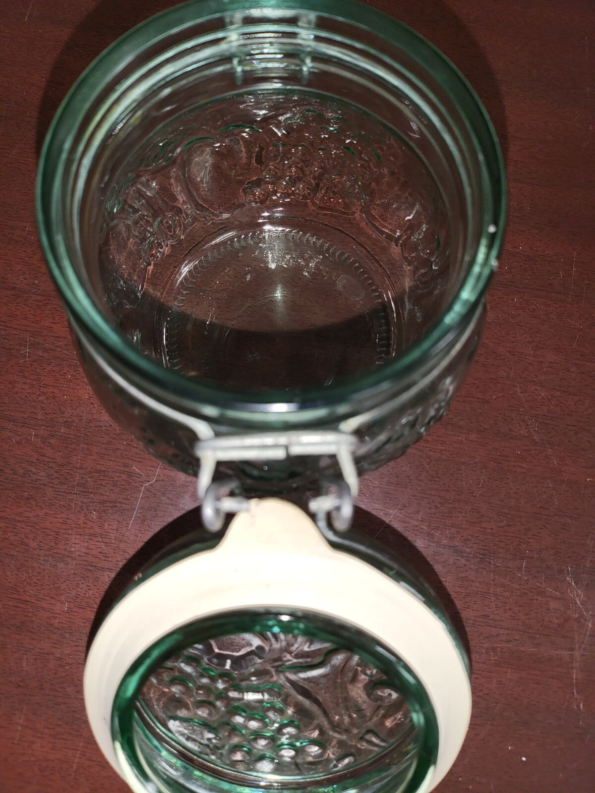 Libbey Canada Hermetic Green Glass Jar Hinged Lid Fruit Pattern Seal & Wir #3070