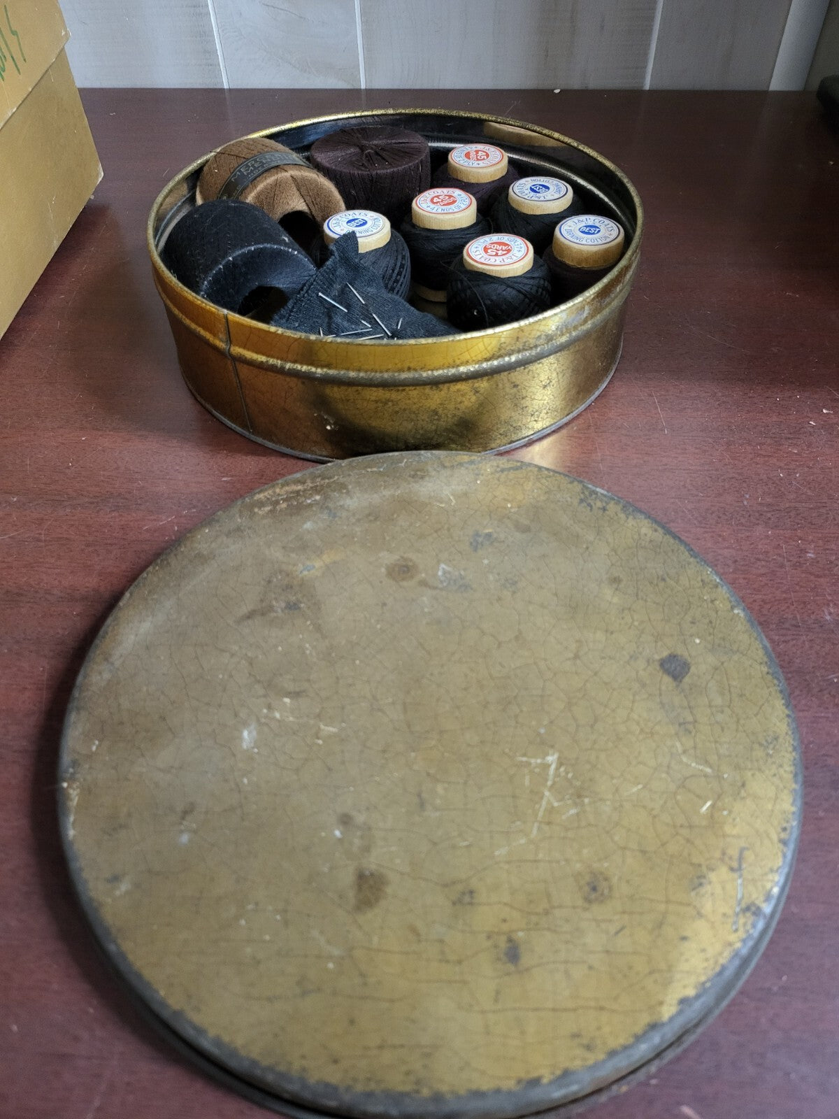 Grandma's Vintage Sewing Box Tin FULL J&P Coats MORE ~8.5" Round