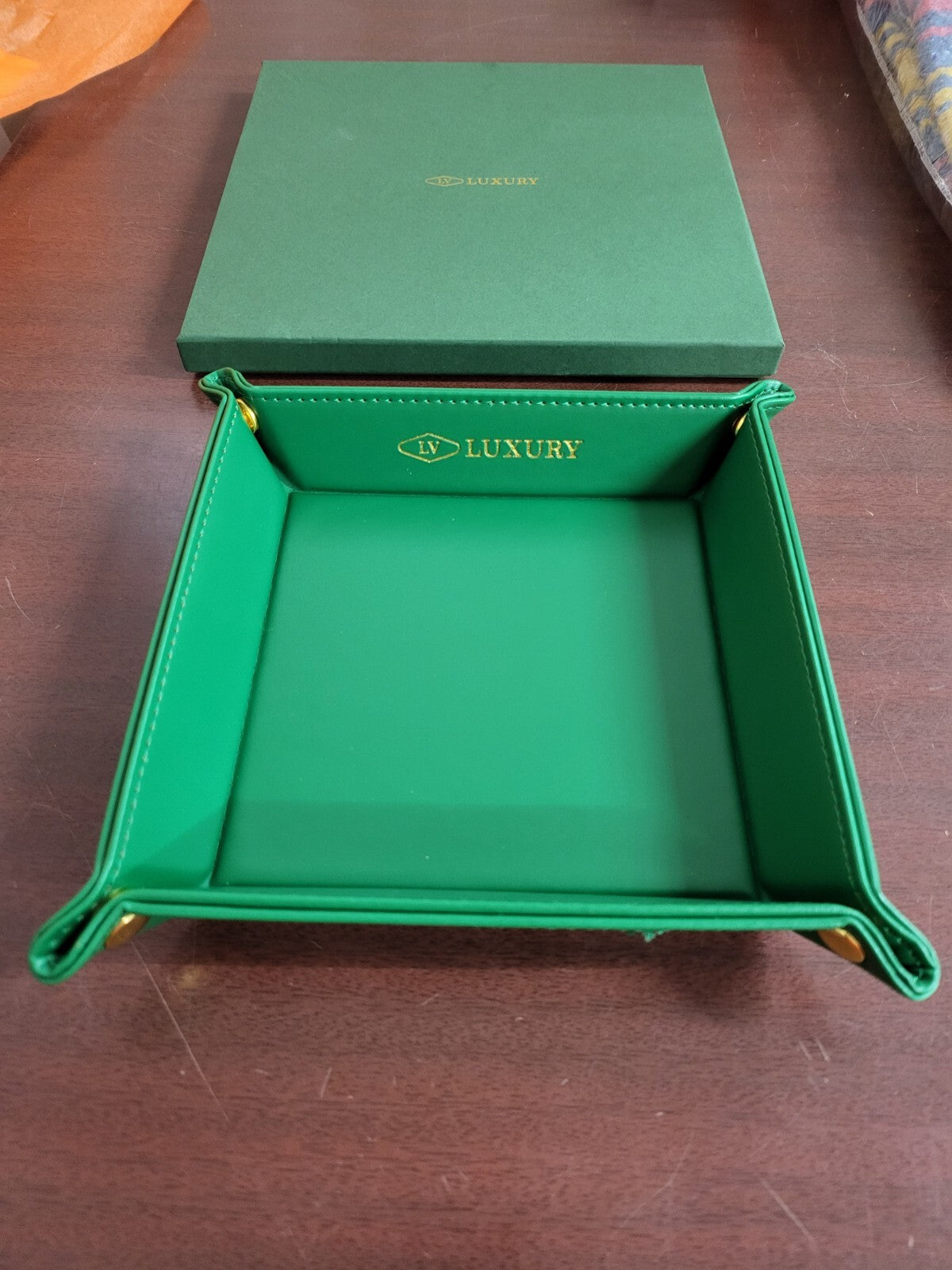 LV Luxury Travel / Home Valet Bowl Leather Green Square for Keys, Watch, Money