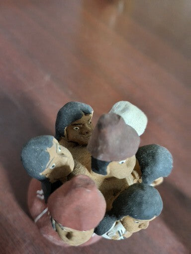 Vintage Peruvian Terra Cotta Clay Pottery Circle of 7 People 4"H