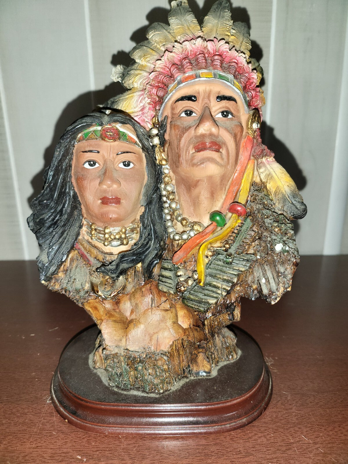 EDC Native American Indian Figurine Man Headress & Woman 9.5H x 6 x 4.5" #4124