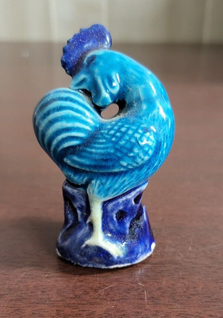 Vintage Chinese Mud Pottery Bird Hen Figurine Chicken Blue / Purple 3"H #4289