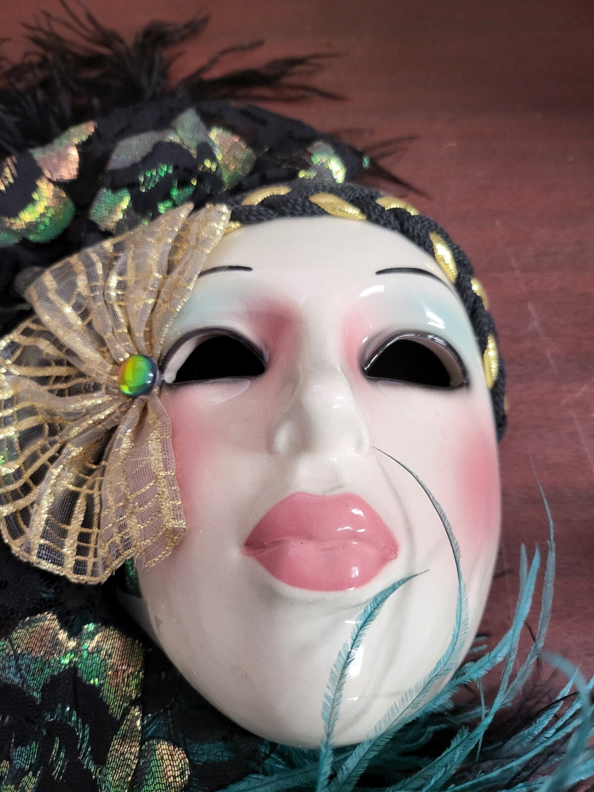 Vintage Clay Art Ceramic Mask Music Box Video mask is 7"H + feathers