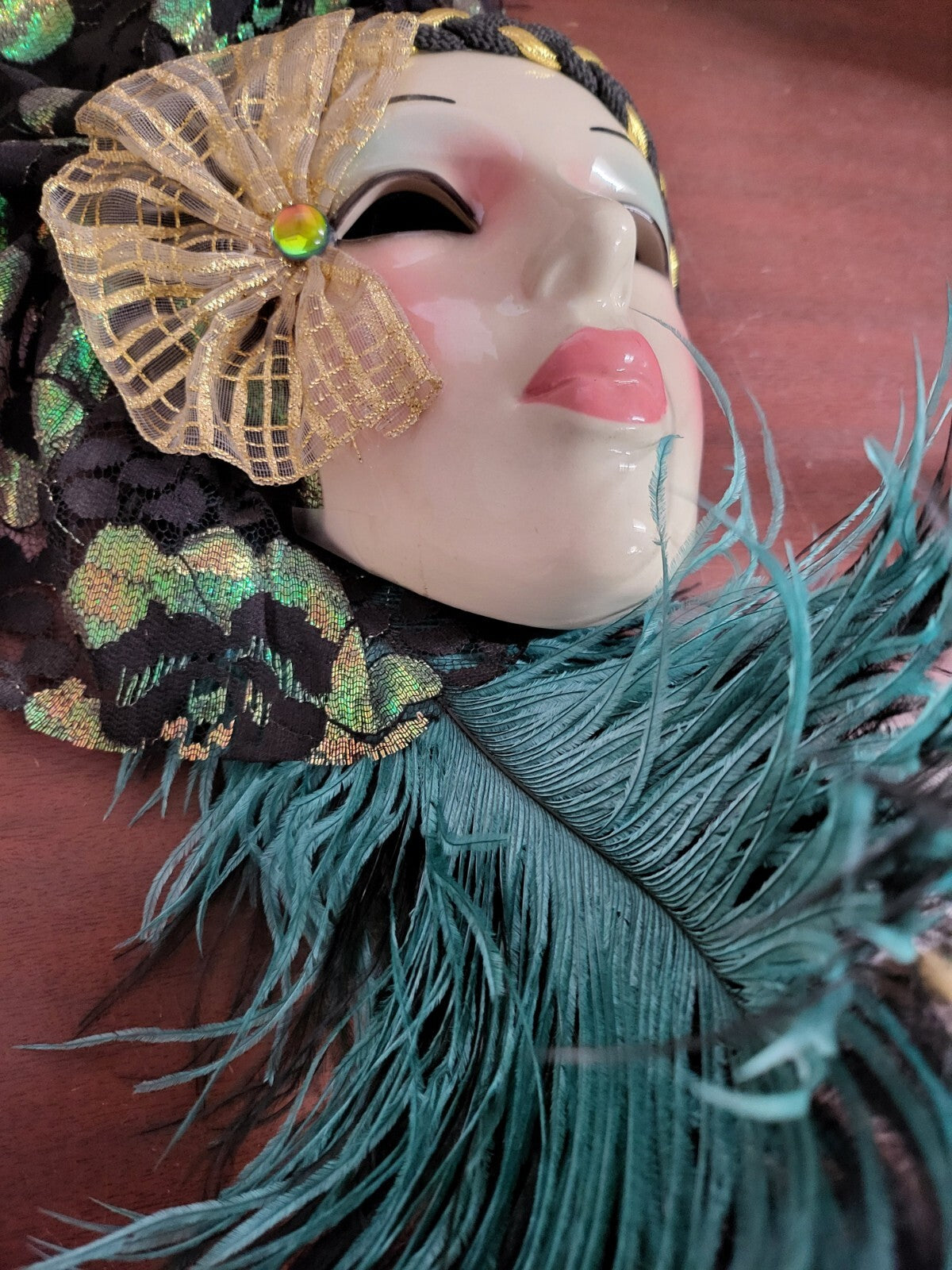 Vintage Clay Art Ceramic Mask Music Box Video mask is 7"H + feathers