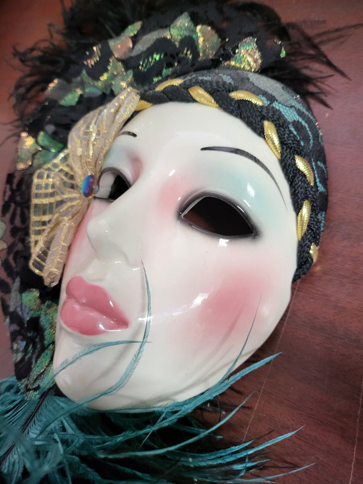 Vintage Clay Art Ceramic Mask Music Box Video mask is 7"H + feathers