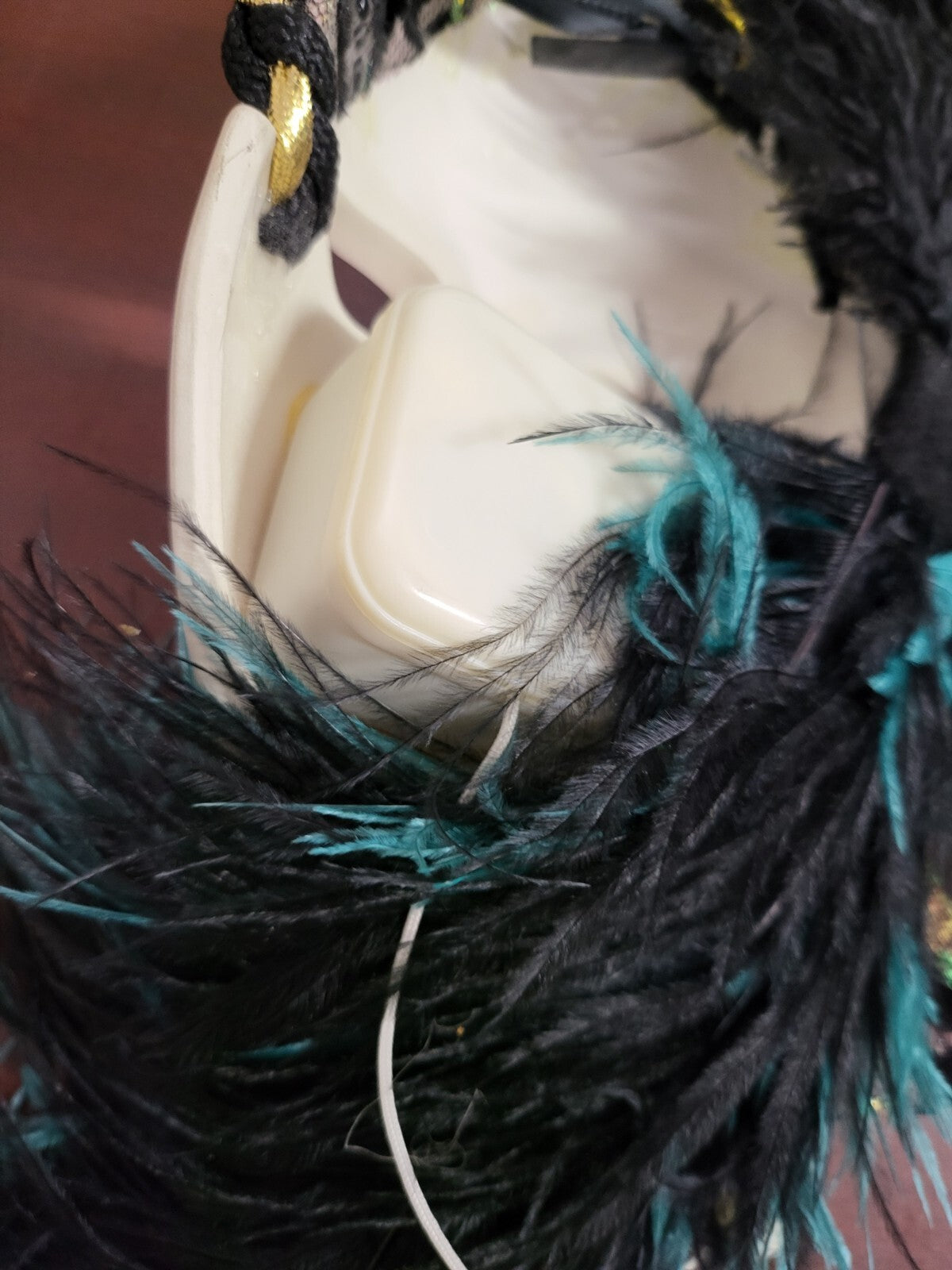 Vintage Clay Art Ceramic Mask Music Box Video mask is 7"H + feathers