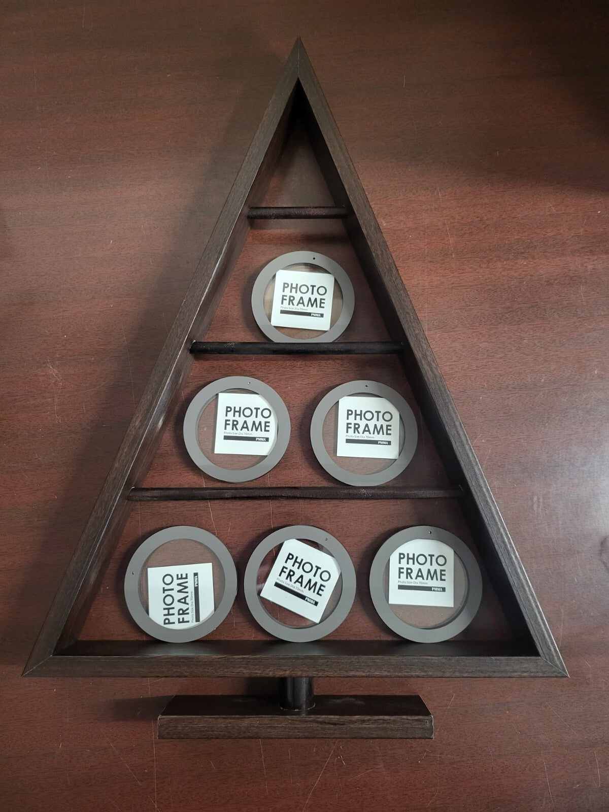 Wood Tree Shaped Photo Frame Display 17.5 x 12 x 1.5" with 6 Round Double Sided