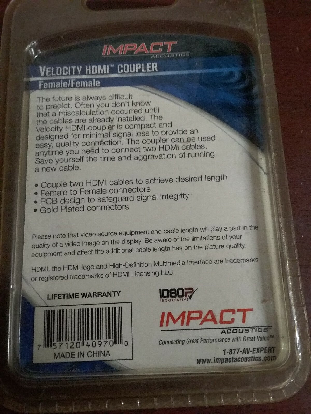 Impact Velocity HDMI Cable Coupler Connector Adaptor 40970 2 Female NIP