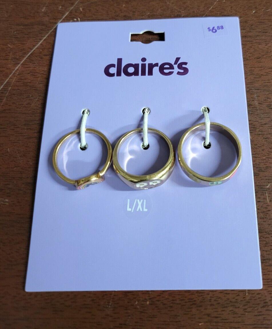 Claire's 3 Rings Gold Rainbows and Smiley Faces size 8.5 L/XL