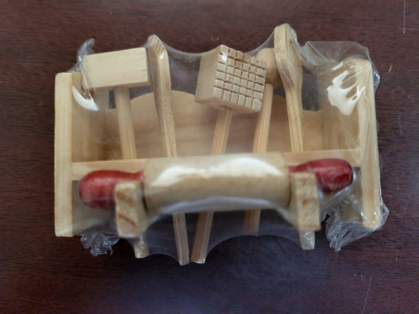 Wood Miniature Kitchen Tool Rack Magnet 3W x 2.5"H Rolling Pin Tenderizer Spoon