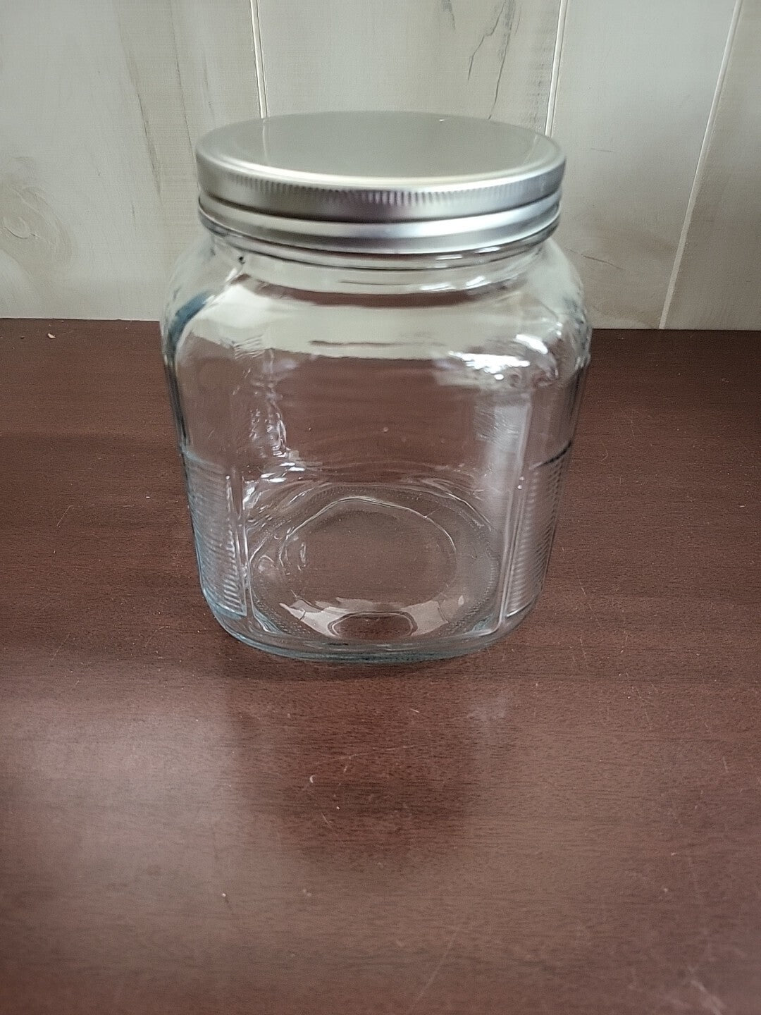 LARGE Clear Glass Jar 6.75H x 5.5"W Square Silver Screw Lid 4" Mouth