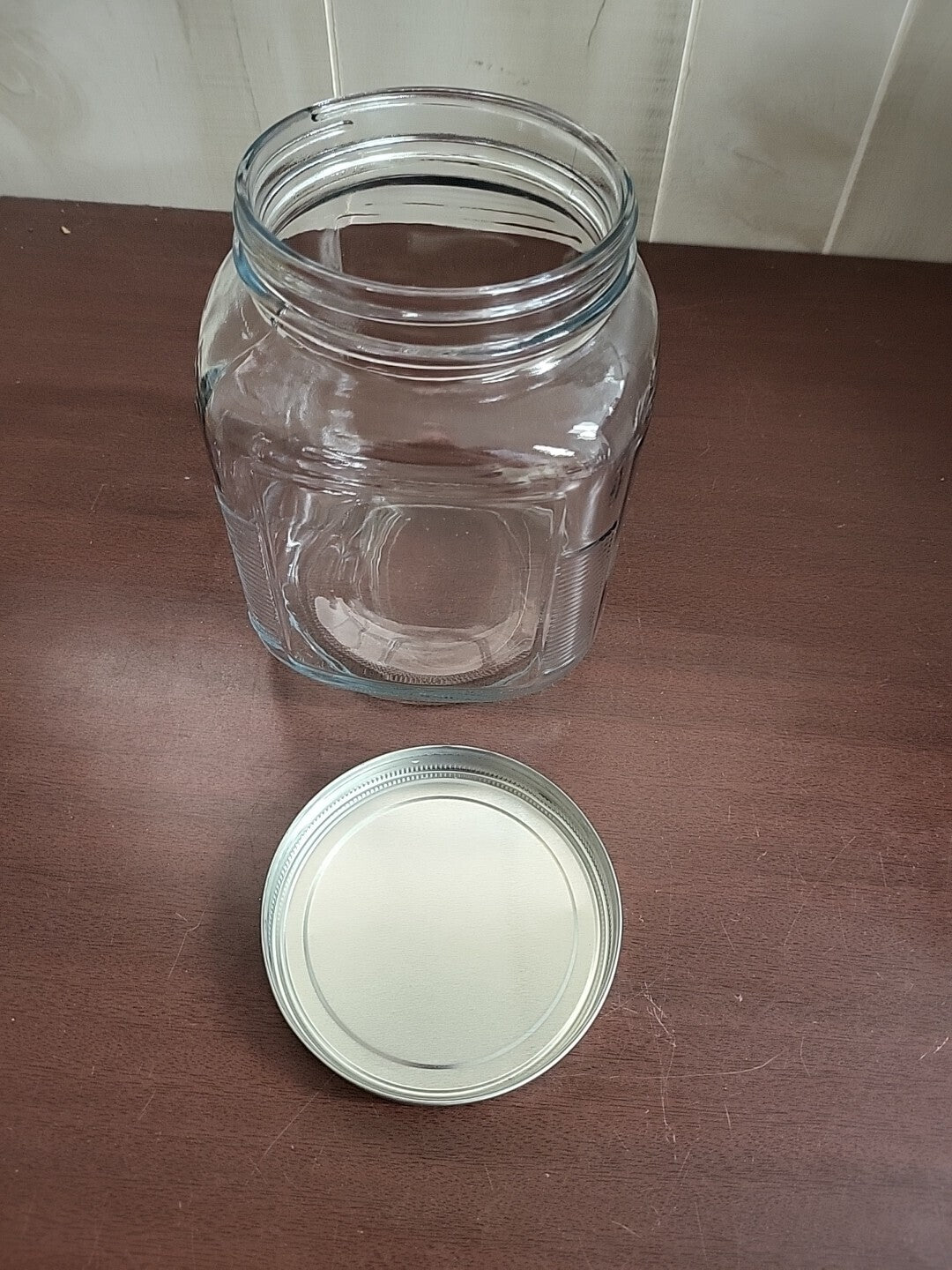 LARGE Clear Glass Jar 6.75H x 5.5"W Square Silver Screw Lid 4" Mouth