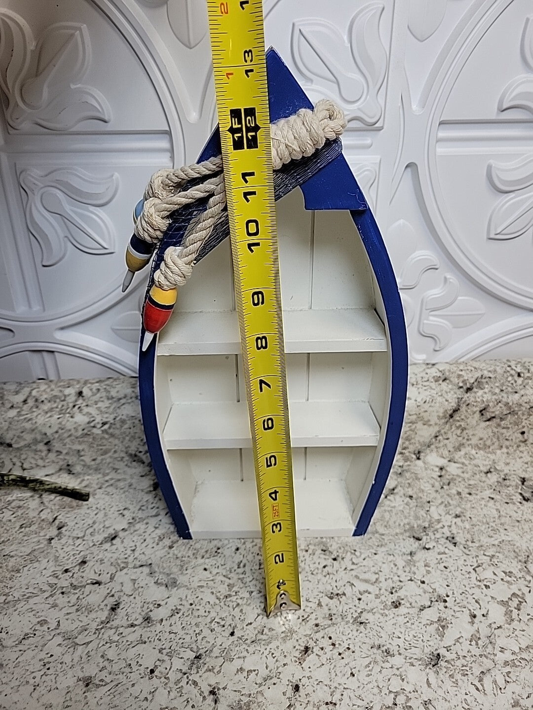 Wooden Boat Display with 3 Shelves Fish Net, White Wood Boat Stand