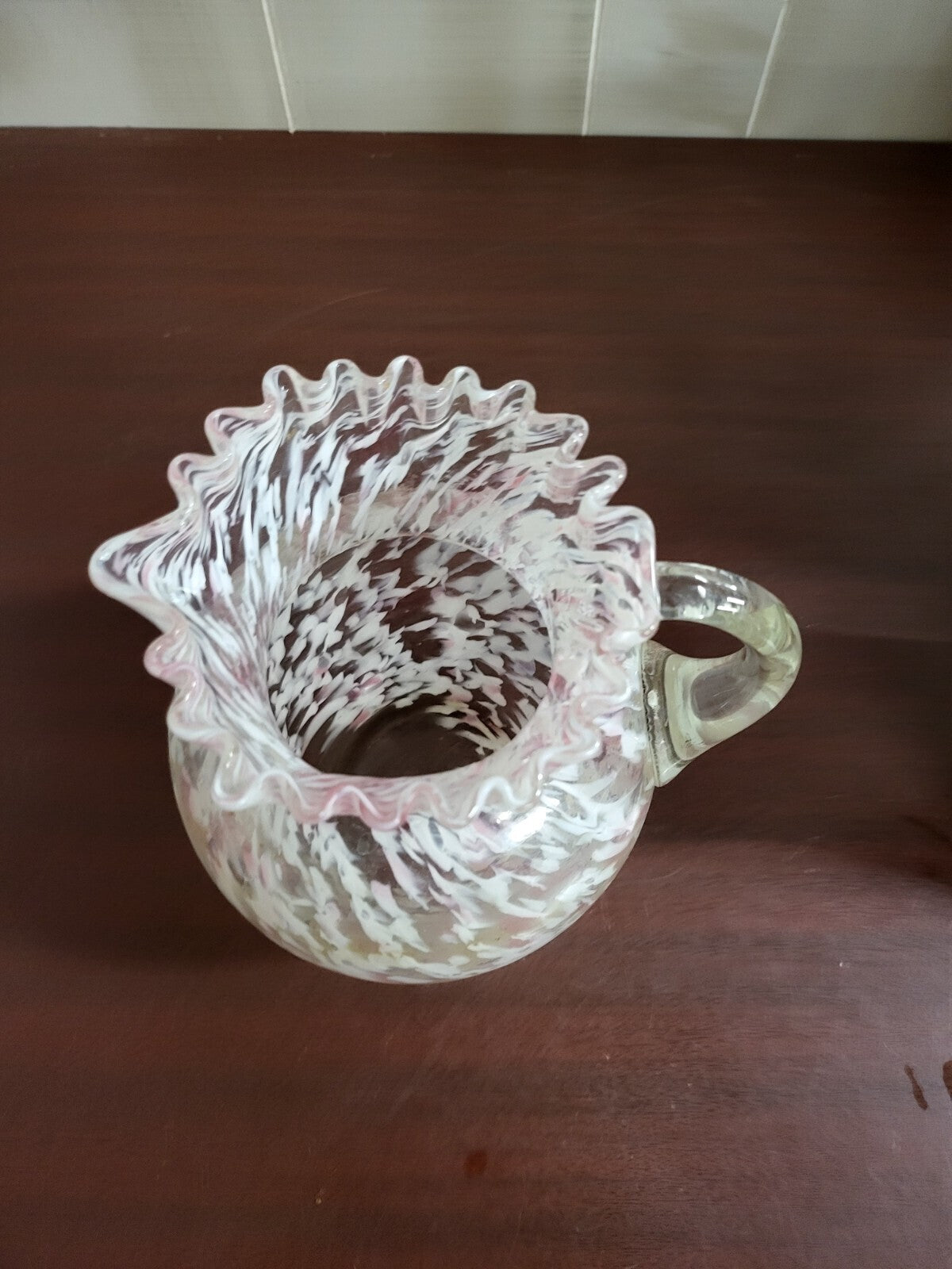 Fenton Pink Swirl / Splatter Glass Pitcher Vase 8.5H x 6.5"W +handle #4297 MORE