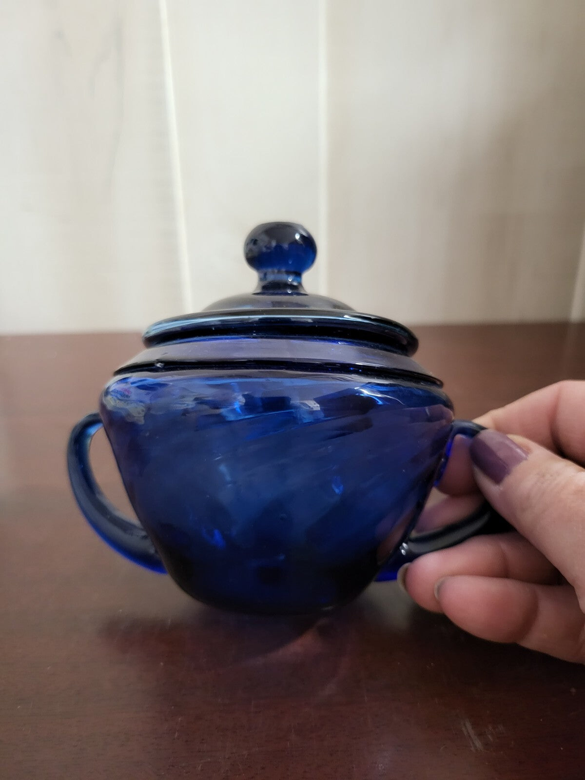 Hand Blown Blue Glass Swirl Pattern Bowl & Lid 4 x 4"+handles #4160