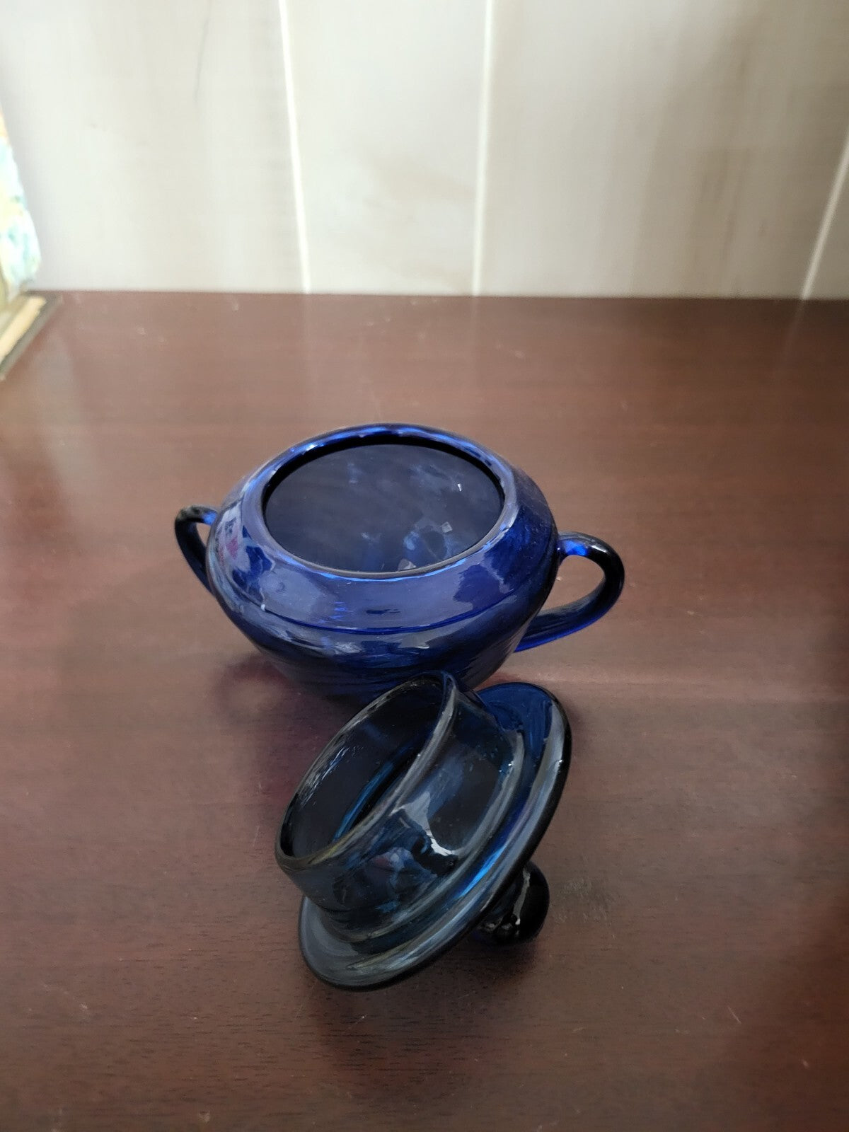 Hand Blown Blue Glass Swirl Pattern Bowl & Lid 4 x 4"+handles #4160