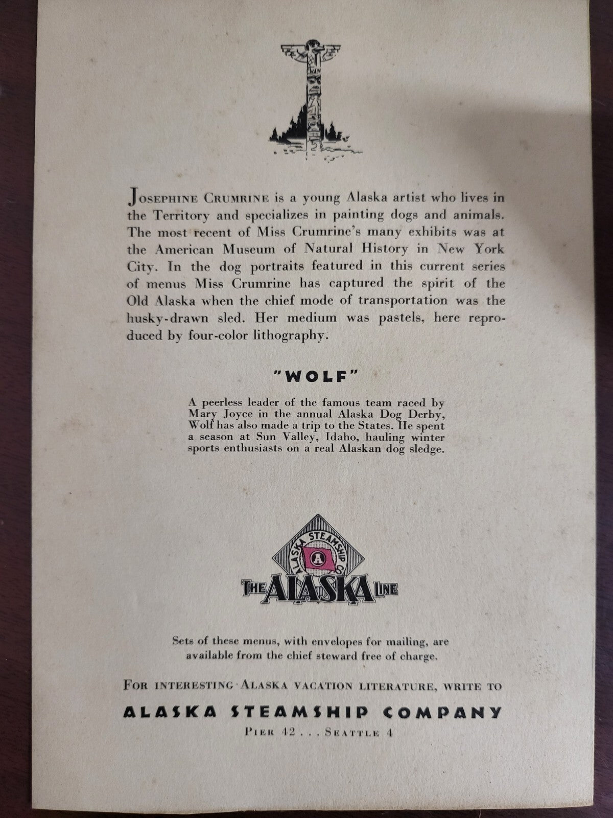 1940s Josephine Crumrine Lithography WOLF Alaska Steamship Co Menu 5.5 x 8"
