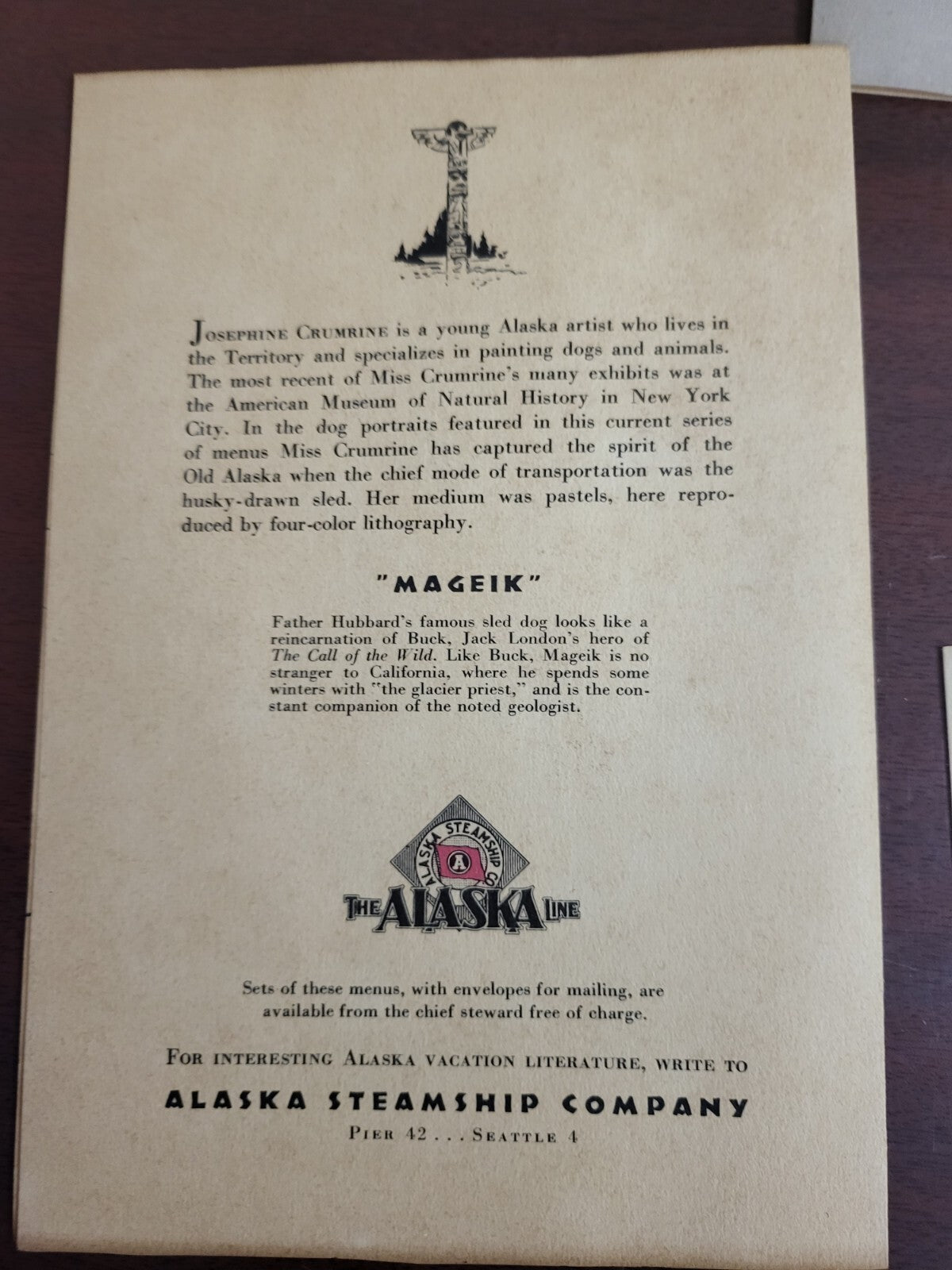 1940s Josephine Crumrine Lithography Mageik Alaska Steamship Co Menu 5.5 x 8"