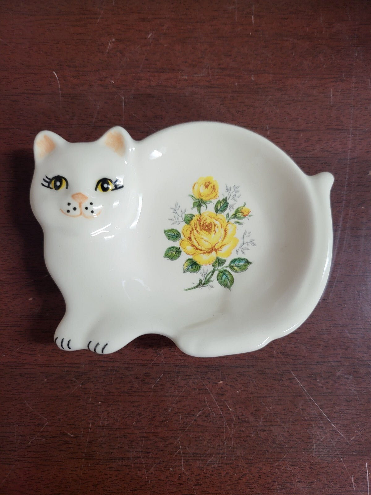 Ring Bowl Holder Signed by BJ W… 3.75W x 3"H White Cat with Yellow Rose #4167