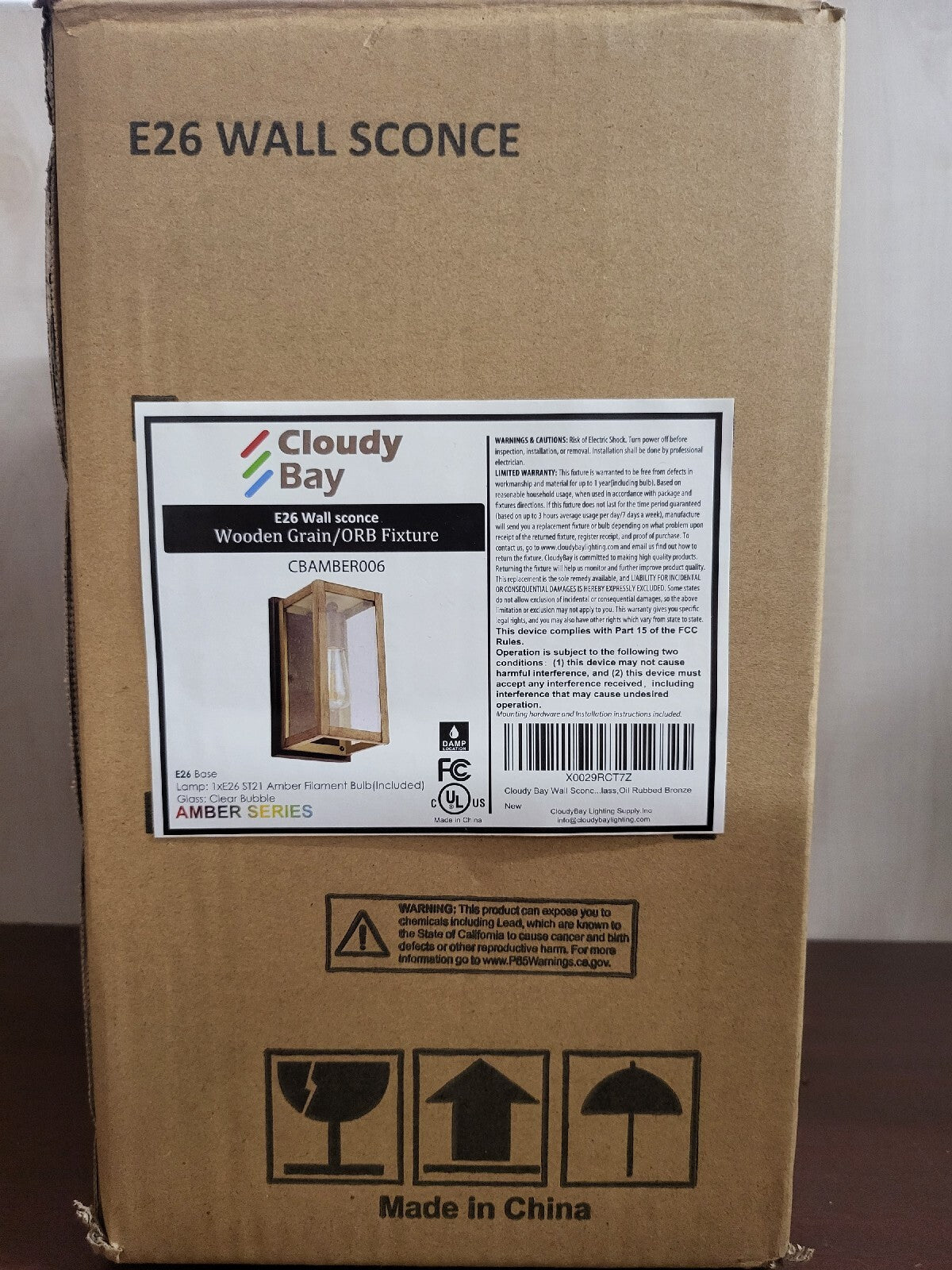 Cloudy Bay Wall Sconce Light Fixture Wood Grain E26 10H x 5.25W x 5.25"D CBAMBER