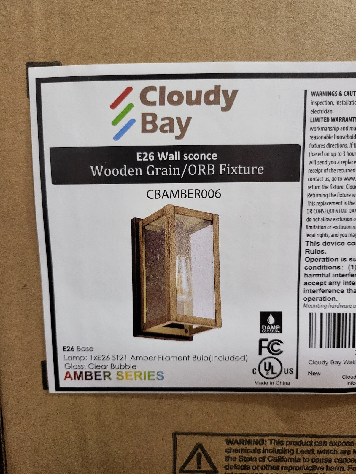 Cloudy Bay Wall Sconce Light Fixture Wood Grain E26 10H x 5.25W x 5.25"D CBAMBER