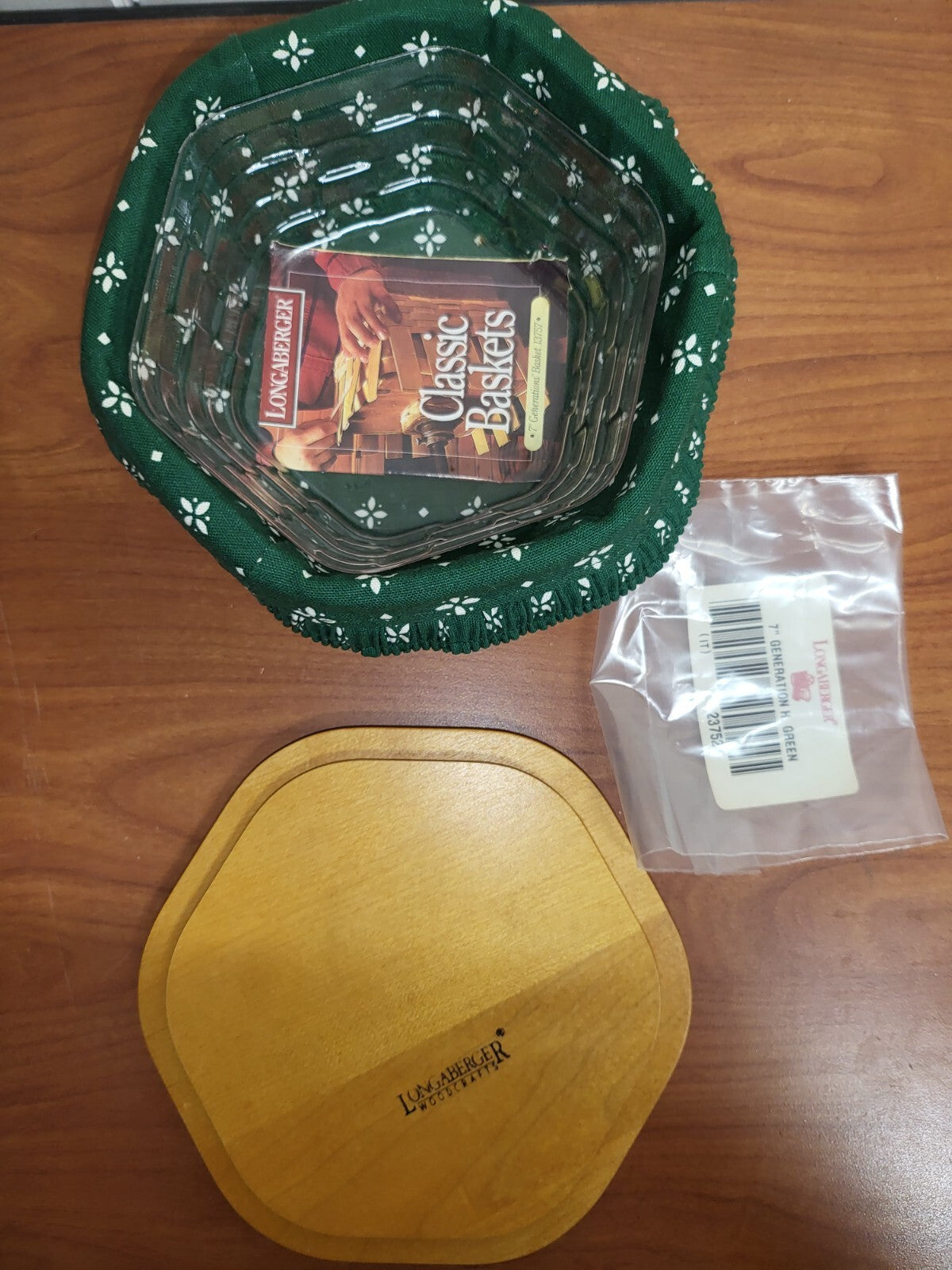 Longaberger Basket 1997 Hexagon 6.5" x 3.5"H Green Patterned Fabric Liner & Pl *