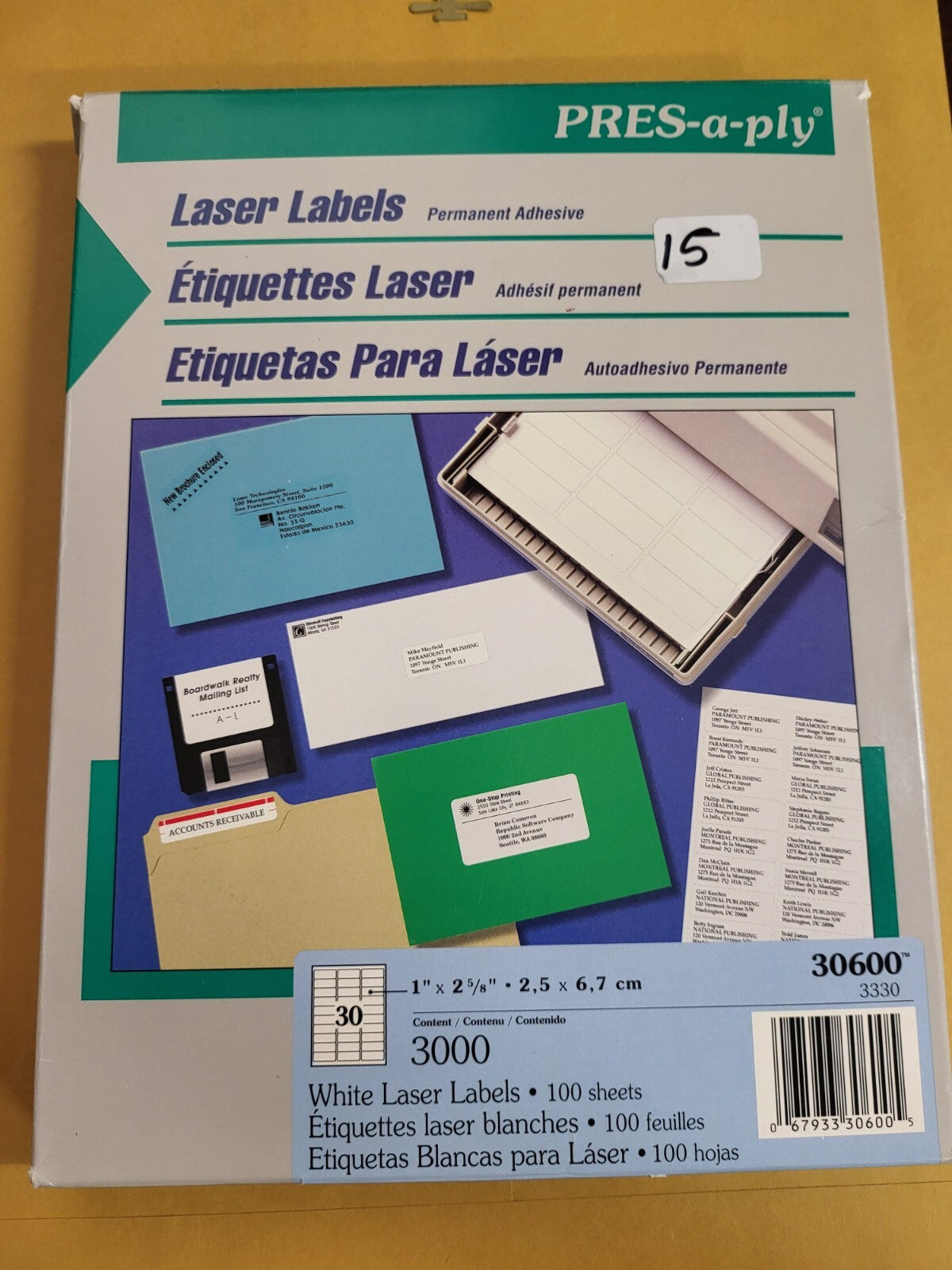 3000 Pres-A-Ply Laser Labels 30600 White 1 x 2 5/8" Permanent Adhesive for Addre