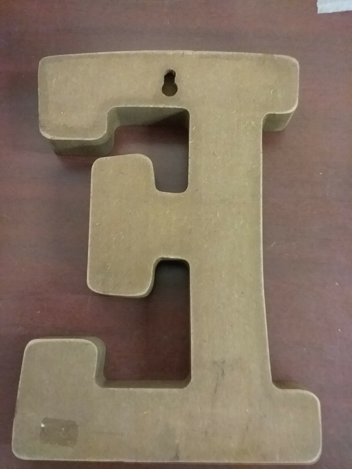 9 inch Unpainted Wood Letter E with Wall hang cutout "E"