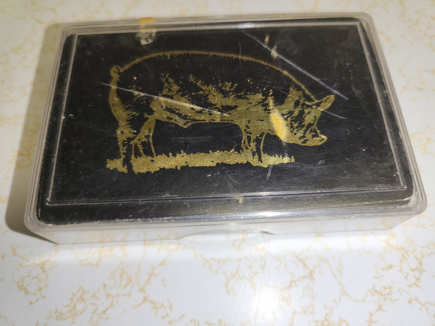 Standard Playing Cards Black w Gold Hog Emblem in Plastic Case Box COMPLETE Deck