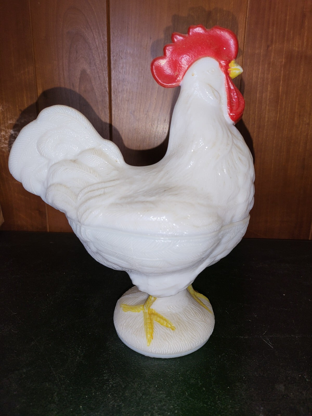 Figurine Hen on Nest Rooster White Milk Glass 8.5H x 6.5"D C3012