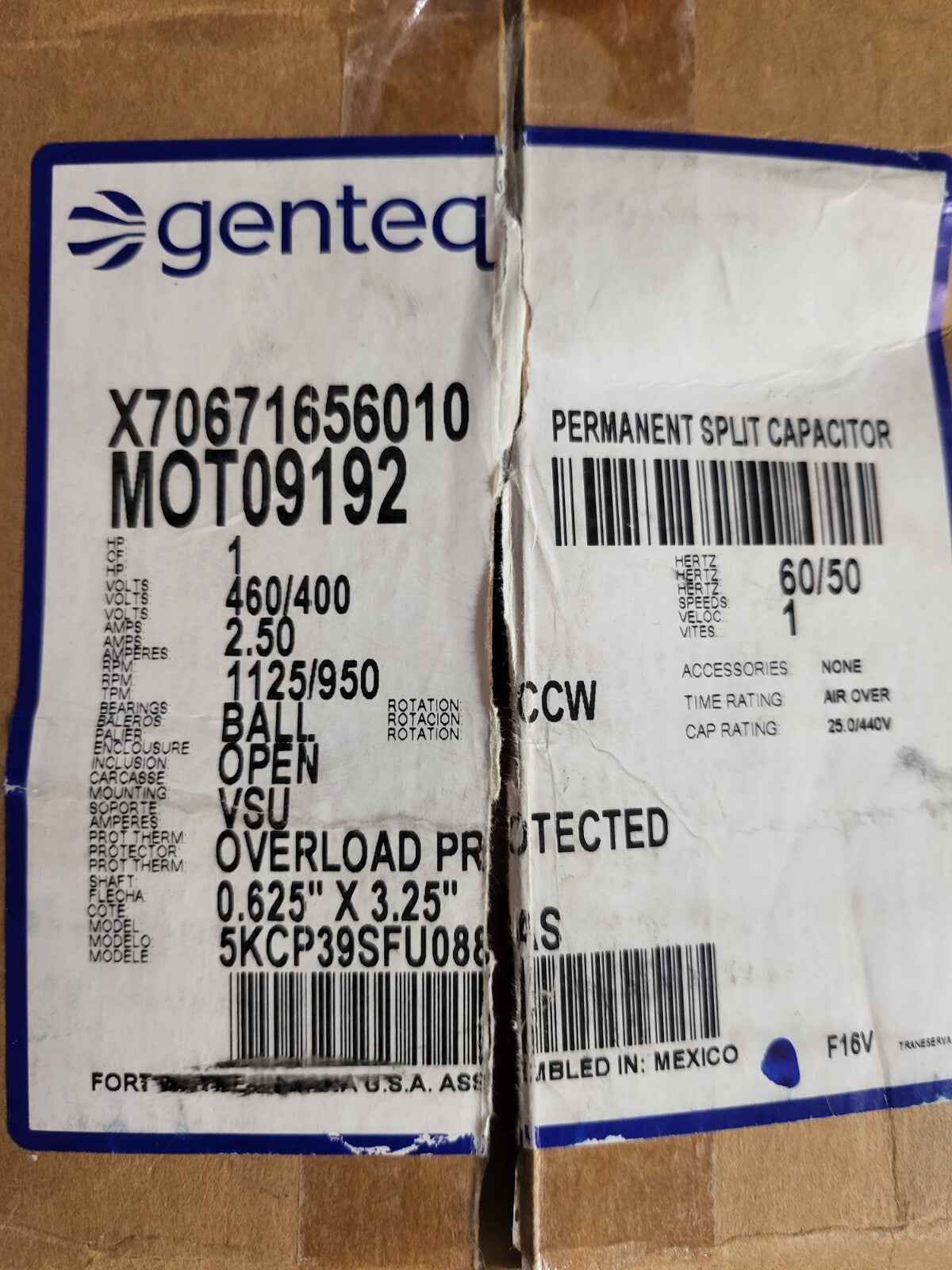 Genteq MOT09192 Permanent Split Capacitor Motor HVAC AC X70671656010 460/400V