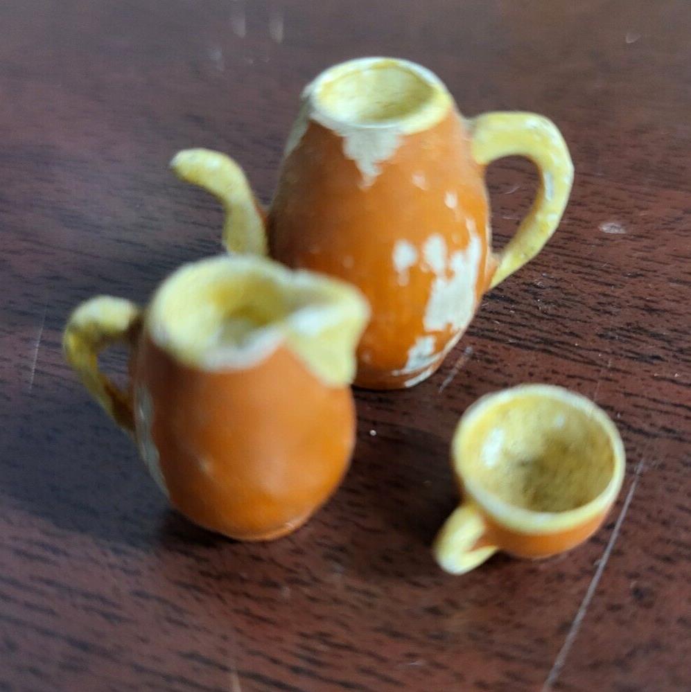Vintage Miniature Tea Set Orange Painted Wood Pot is .75"H tea cup is .25"H