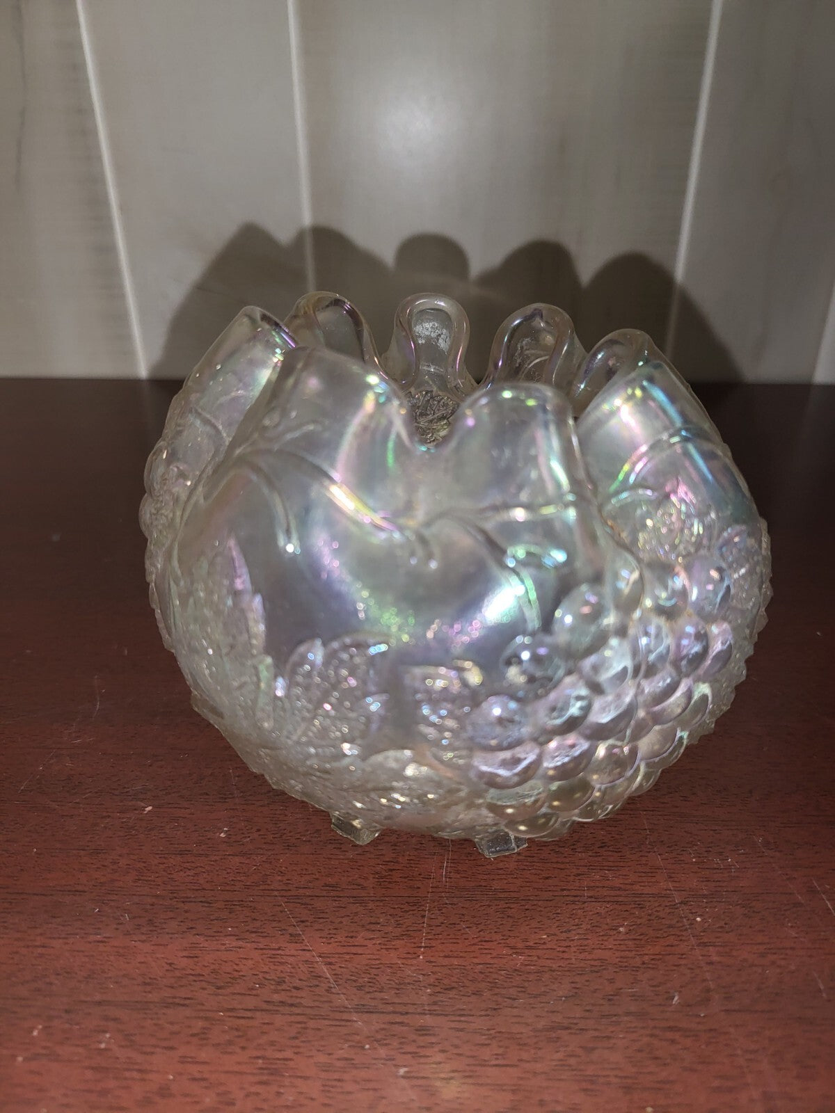 Antique Dugan Grape Delight Footed Iridescent Carnival Glass Rosebowl Vase *