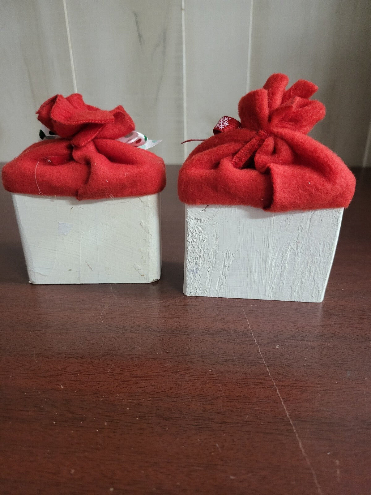2 Winter Decoration Snowman Pair 3" Red Hats Handmade from 2x4s