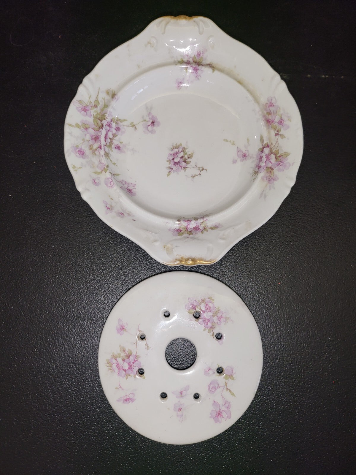 Haviland Serveware Round Butter Dish 7" Round & Strainer Round Purple Floral