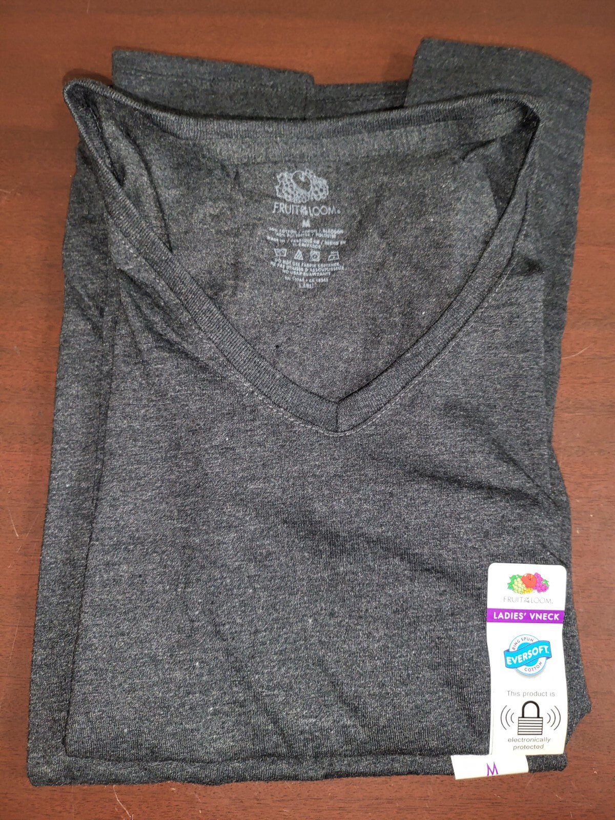Fruit of the Loom Ladies V-Neck Semi-Fitted T-Shirt Heather Black size MEDIUM