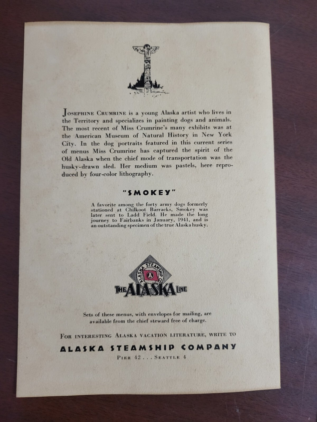 1940s Josephine Crumrine Lithography SMOKEY Alaska Steamship Co Menu 5.5 x 8"