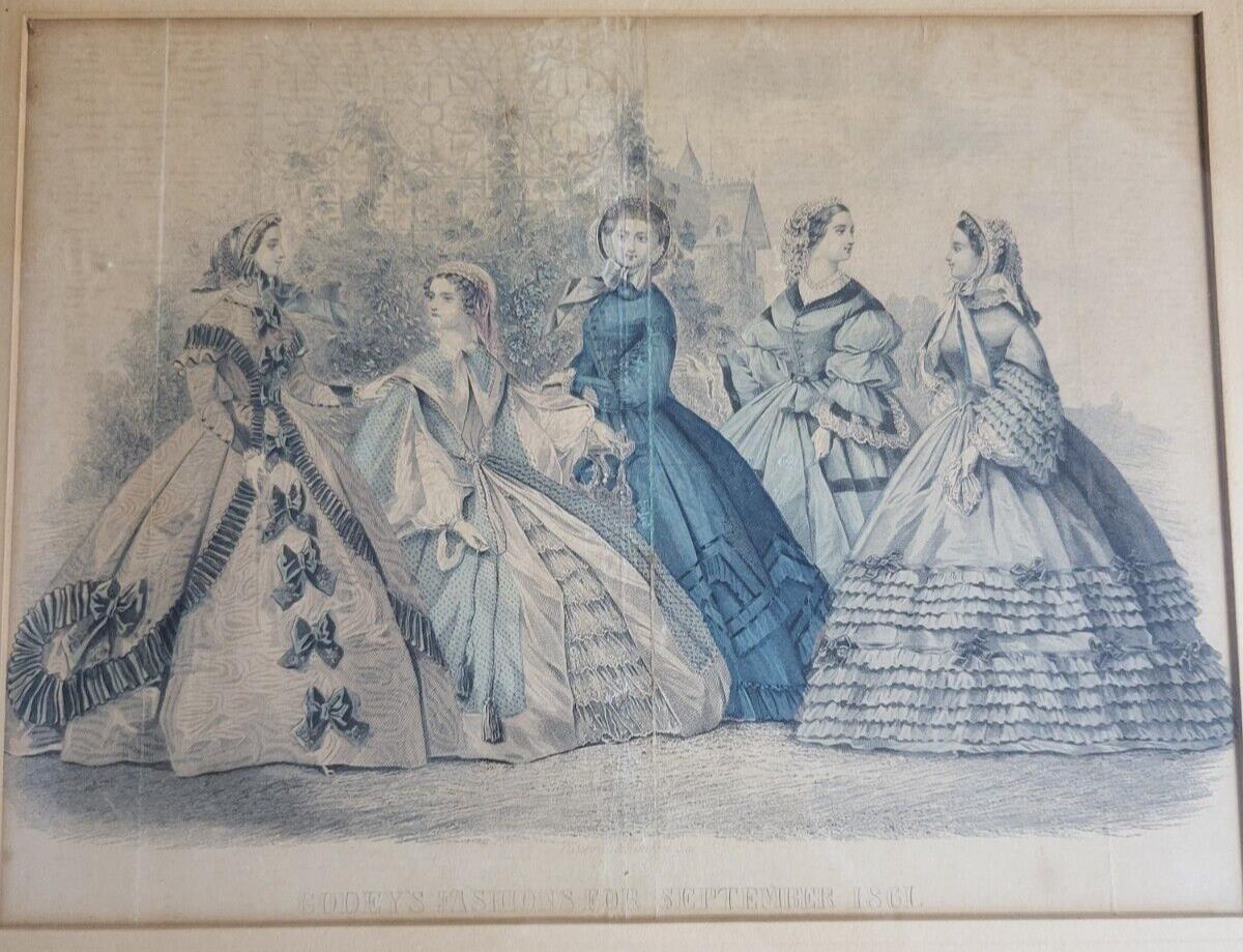Godey's Fashions for September 1861 Framed Lithograph ~12 x 9" add 3" each side